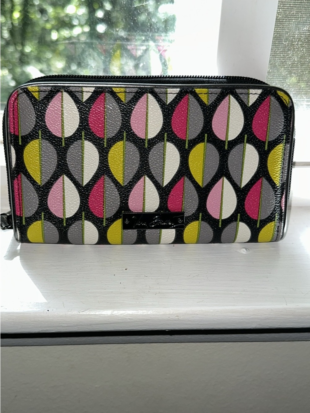 Vera Bradley Black Wallet with Pink, Yellow, Gray and White Leaf Pattern - Picture 1 of 4